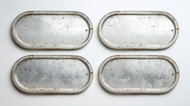 Four empty oval tin signs: minimal still life with aging patina on white backdrop