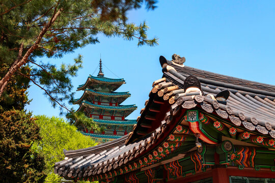 Gyeongbokgung Palace. Seoul, South Korea. Pagoda against the blue sky.