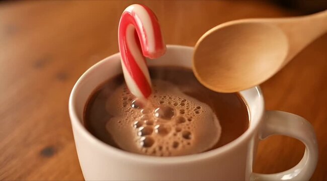 A hand stirring hot chocolate with a candy cane in a white mug on a rustic wooden table surface