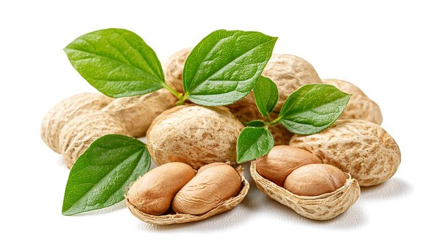Fresh peanuts in shell with green leaves isolated on white background