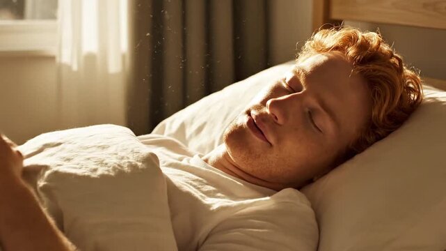 A young man with ginger hair sleeps peacefully in a sun-drenched bedroom. Warm morning sunlight illuminates his face as dust motes float in the air above white bedding.