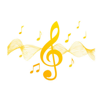 Golden treble clef with musical notes and sound wave