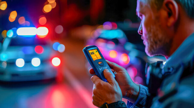 Police officer using a breathalyzer during a nighttime roadside traffic stop with patrol car lights glowing in the background
