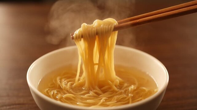 Steaming hot ramen noodles being lifted with wooden chopsticks from a white bowl on a table