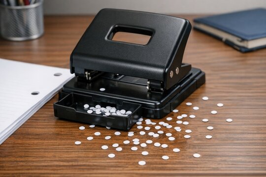 A simple office scene with a stapler placed on a wooden desk