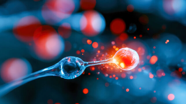 Glowing sperm cell reaching an egg in a microscopic fertility scene, representing conception, IVF treatment, and reproductive medicine