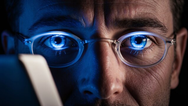 Close up portrait of a man wearing glasses with bright blue digital light reflecting in his focused human eyes tonight