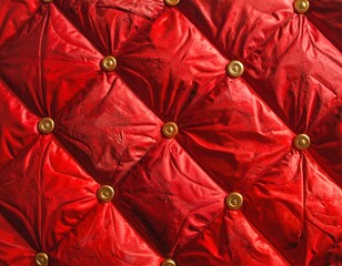 Naklejka premium Close-up of richly textured red fabric with a diamond-pattern and gold buttons, suggesting luxury and elegance