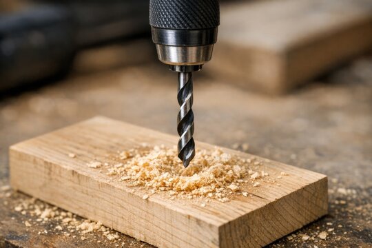 A person using a drill to make a hole in a piece of wood