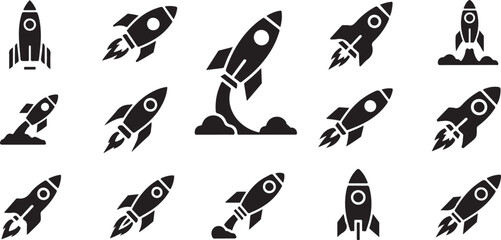 Obraz premium Black rocket ship icons, space shuttle symbols, launch vehicle graphics