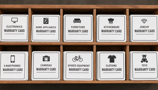 Wooden pigeonhole shelf containing various consumer product category warranty cards with warranty consumer products pigeonhole documentation electronics household services categories