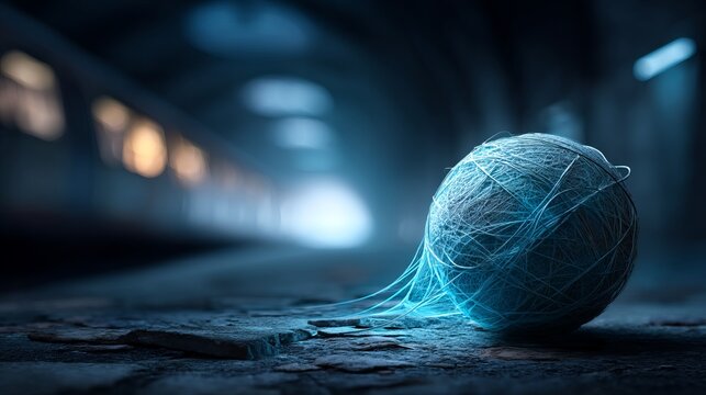 Close-up of blue thread ball tangled with string in dark mysterious space