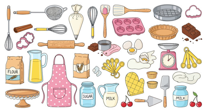 Baking ingredients and tools, colorful flat illustration, cooking concept, background