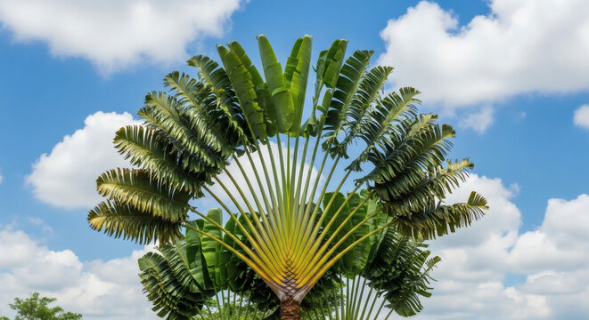 Ravenala madagascariensis Travelers Palm under a bright blue sky
