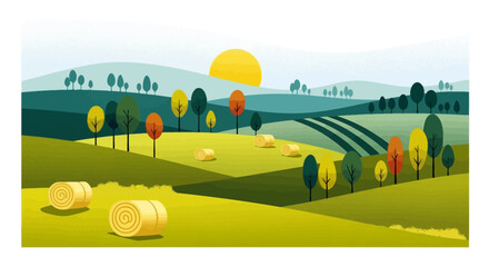 Rolls of hay in green field with trees, rural landscape background, sunny day © Lara