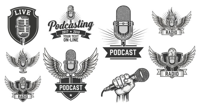 podcast logo designs, microphone and wings, live streaming labels, audio branding icons