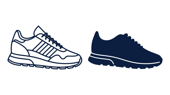 Minimalist vector illustration featuring a pair of athletic running shoes rendered in dark blue lines