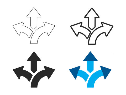 Multi directional split arrow vectors with flat line and solid outline variations for choices concept