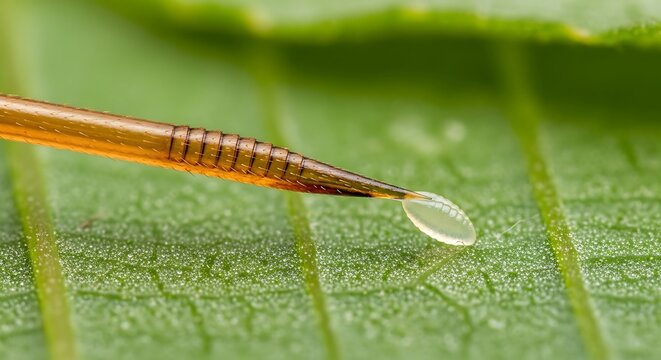 Macro shot of a parasitic wasp ovipositor laying an egg on a leaf