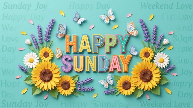 Colorful happy sunday paper cut floral background with sunflowers