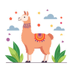 Fototapeta premium Cute Llama with Colorful Blanket and Stars
