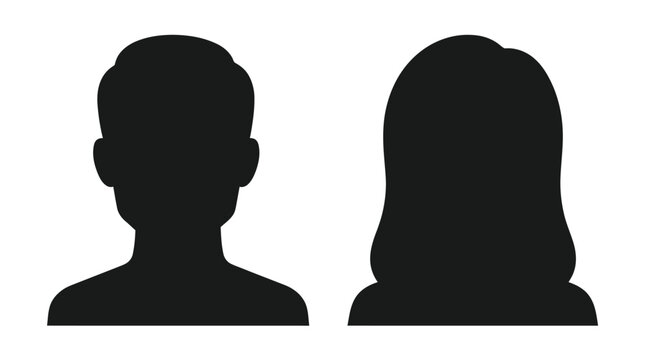 Minimalist vector illustration featuring simple black silhouette icons of a male and female human head
