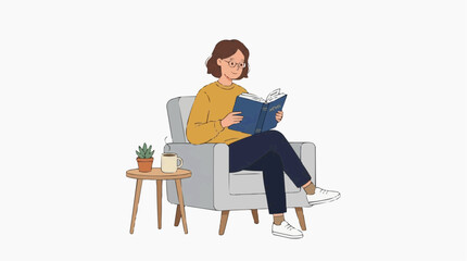 Fototapeta premium A woman with glasses wearing a yellow sweater and dark pants is sitting on a comfortable armchair, reading a book. A small side table with a plant and a cup sits next to her