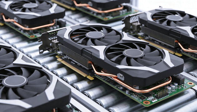 Rows of computer graphics cards move along an industrial assembly line for automated manufacturing.
