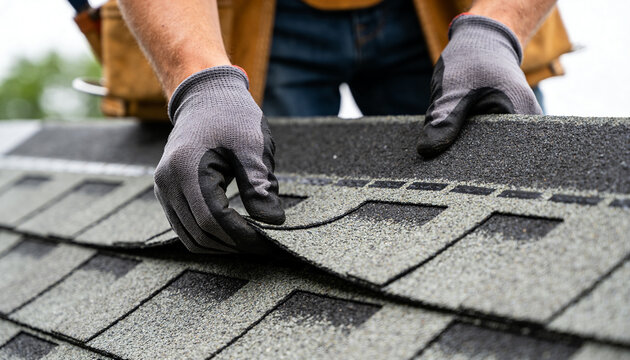 A close-up view of a professional construction worker wearing gloves, installing asphalt shingles.
