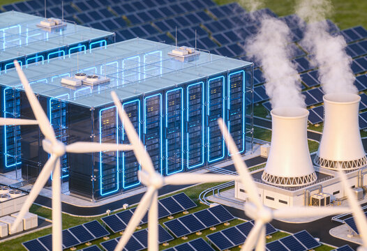A futuristic energy site featuring server racks, wind turbines, solar panels, and cooling towers.