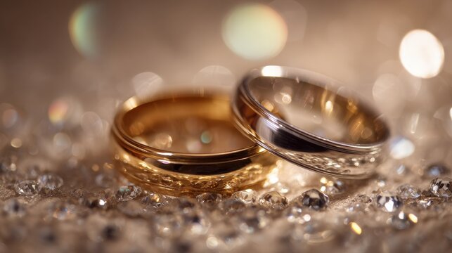 Gold and platinum wedding bands on a radiant, crystal-studded background