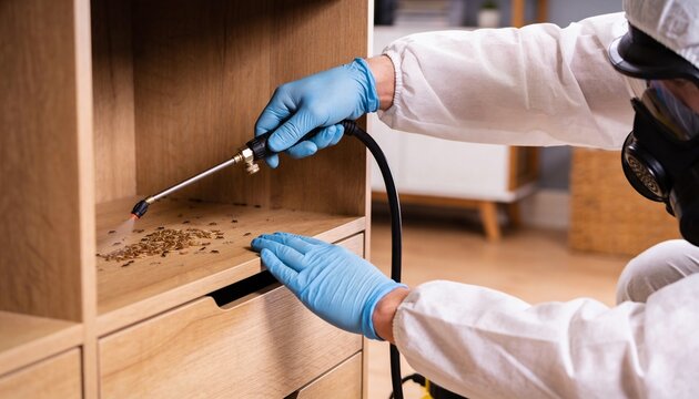 A pest control worker in a hazmat suit uses a sprayer to eliminate a cluster of ants on a shelf.