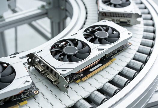 High-angle view of multiple graphics cards moving along an industrial conveyor belt assembly line.