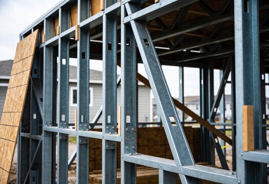 A close-up view showing the structural light gauge steel framing of a new house under construction.