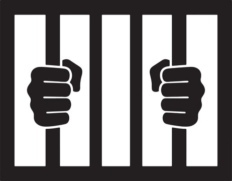 Silhouette of two human hands gripping vertical prison bars, representing incarceration, captivity, and loss of personal also transparent background