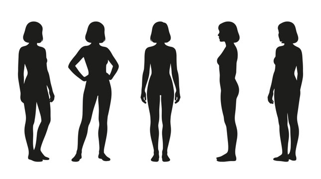 Black vector illustration showing five different standing poses of a woman in a minimalist style