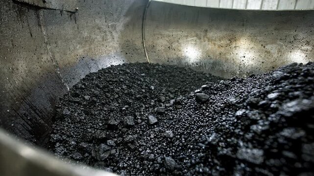 Medium shot inside a wet interior pelletizer drum showing glossy black carbon black agglomerates forming under moist conditions in a controlled environment