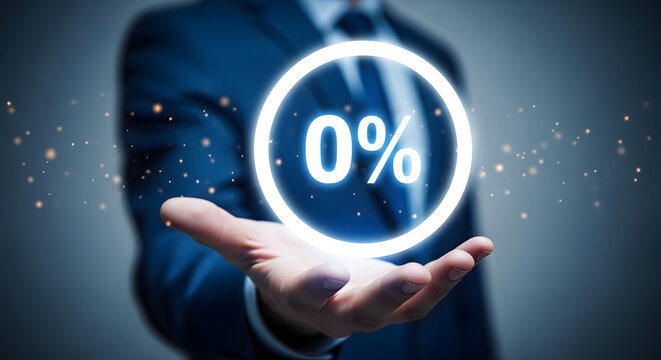 Man presenting zero percent glowing digital interface in palm of hand with blurred business suit.