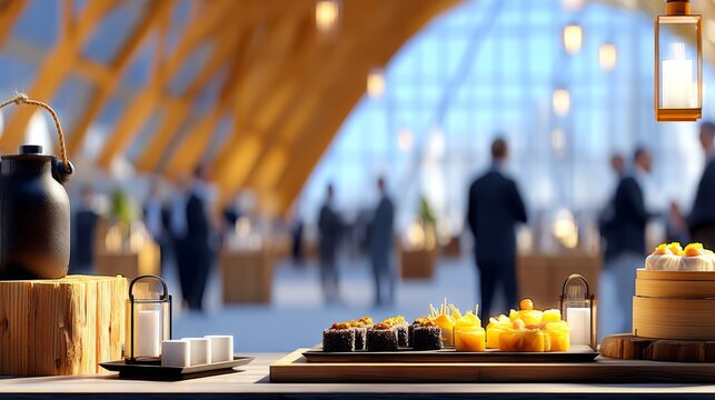 Elegant catering setup with desserts and tea in modern event venue