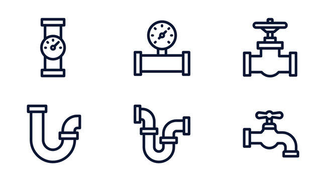 Minimalist vector illustration set featuring various industrial pipe components and plumbing hardware in dark blue