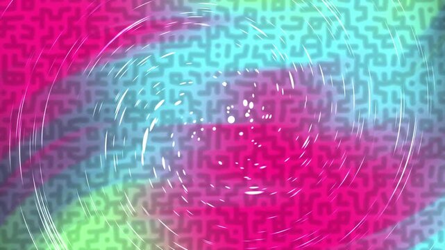 Abstract colorful geometric maze pattern with vibrant pink and cyan ripples and swirling motion effect.