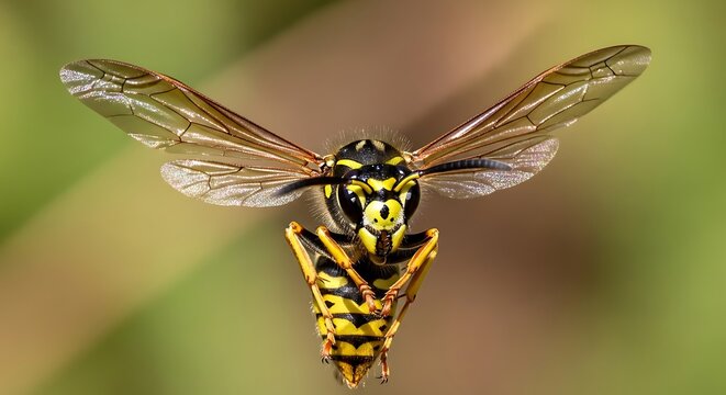Macro of a yellowjacket wasp flying towards camera