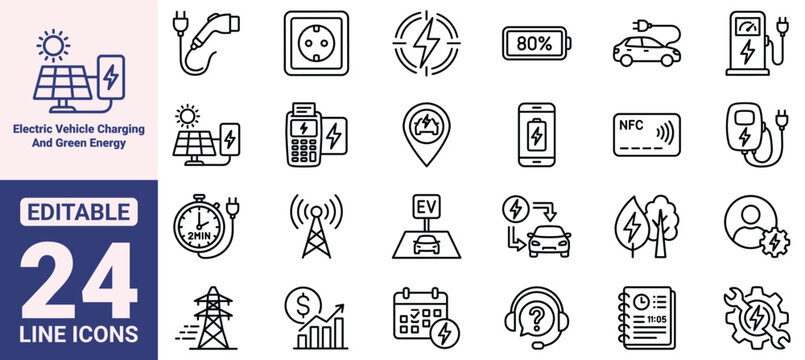 Electric Vehicle Charging and Green Energy Thin Line Icon Set. Vector Outline Icons for EV Station, Solar Power, Battery Status, Eco Transportation, and Power Grid Logistics.