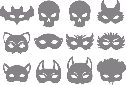 Collection of halloween and animal-themed masks in silhouette