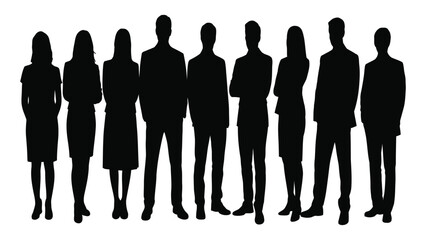 Business team consisting of nine professionals stands in a row during a corporate meeting. © Sadaf