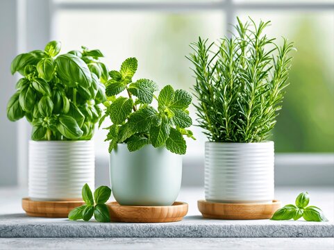 Fresh herbs arranged in pots on a table near a window in a kitchen setting during the day