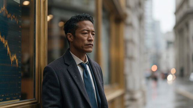 Urban professional standing frozen outside a real estate office window displaying plummeting market graphs, rain-soaked street reflection amplifying housing market crash fear,