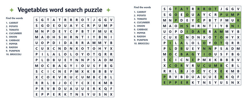 Word seek puzzle sheet with vegetables words and answer key