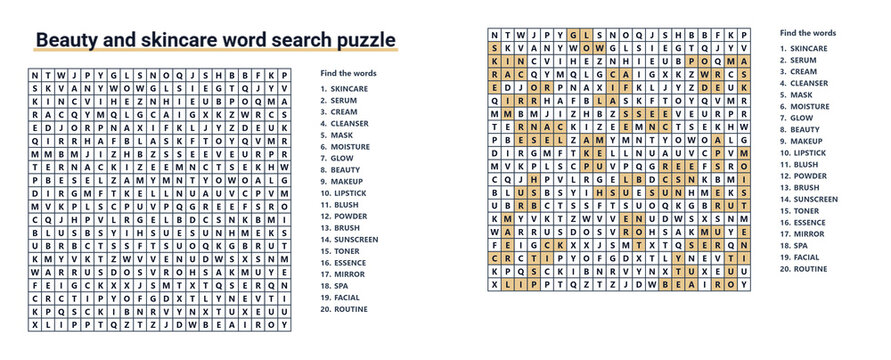 Word seek puzzle sheet with beauty and skincare words and answer key