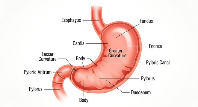 Human stomach anatomy with labeled internal structures.
